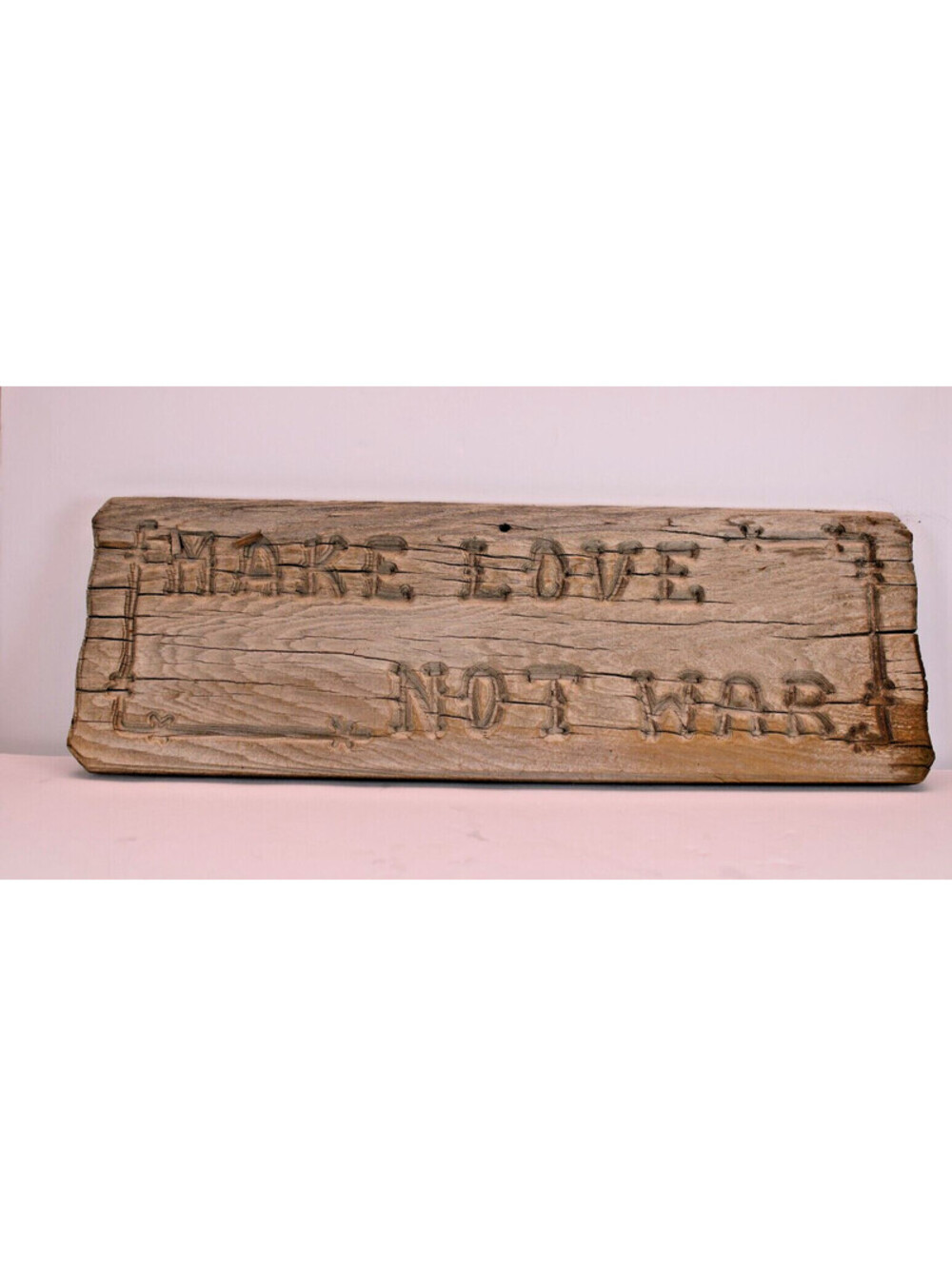 VTG Vietnam Era Weathered MAKE LOVE NOT WAR Hand Carved Wood Sign 16x5.5"